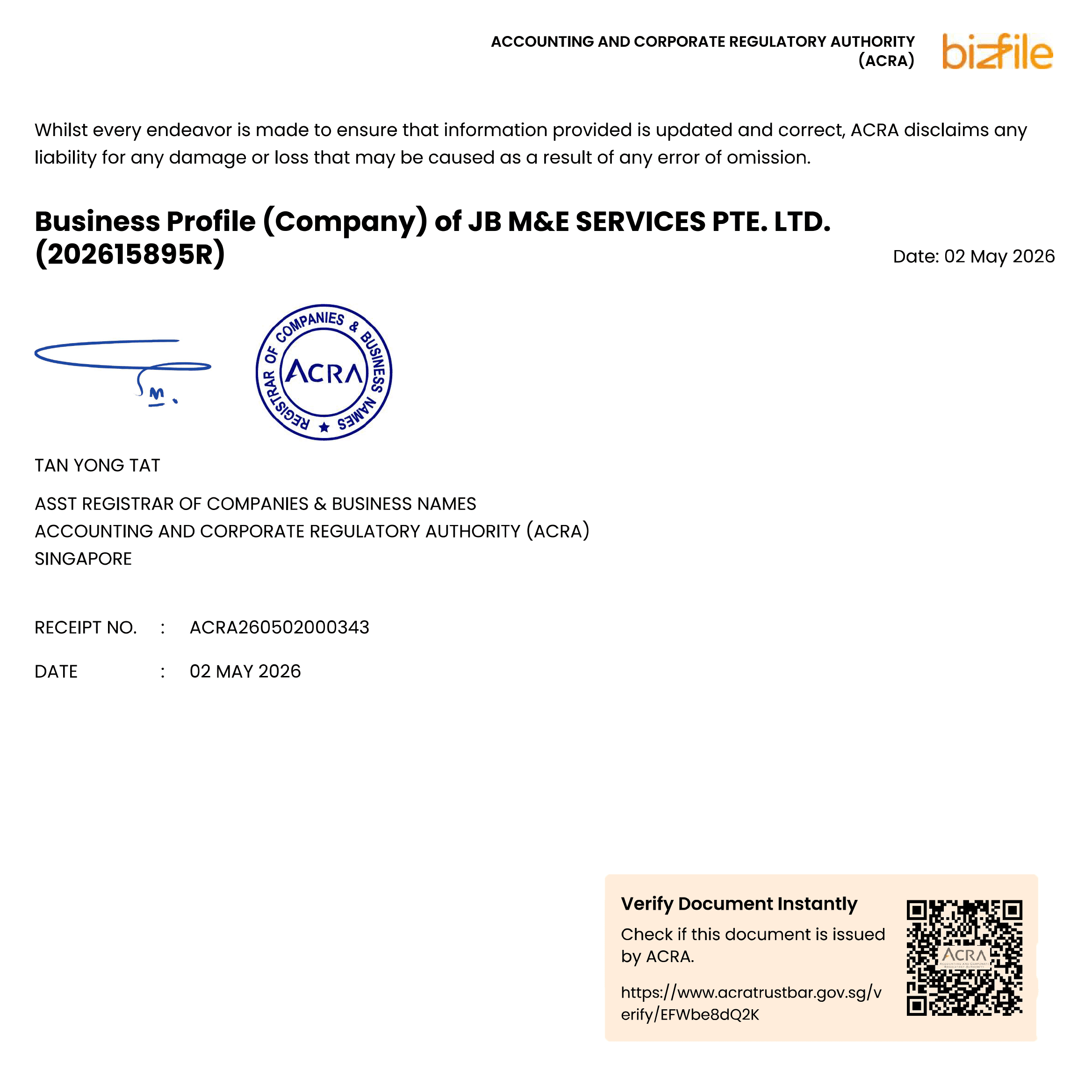 ACRA Bizfile business profile certificate for JB M&E Services Pte Ltd